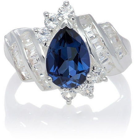 Created Blue Sapphire Pear Shape and White Sapphire Sterling Silver Ring, Size 7