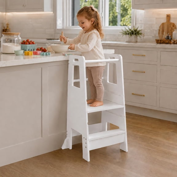 Toddler Kitchen Step Stool, 3-Level Adjustable Wooden Standing Helper with Guardrail, Kids Kitchen Stool for Cooking & Bathroom, White