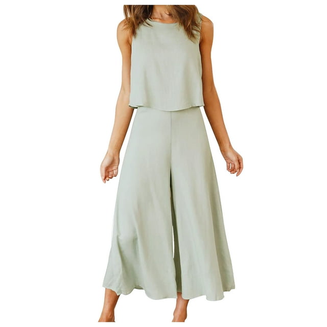 Mikilon Ensemble Élégant pour Femmes 2 Pcs Col Rond Sans Manches Shorts Haut Plus Pantalon Large Coton et Lin Col Rond Sans Manches Shorts, Pantalons Jambes Élargis, Ensemble Pantalon Long Gris TG