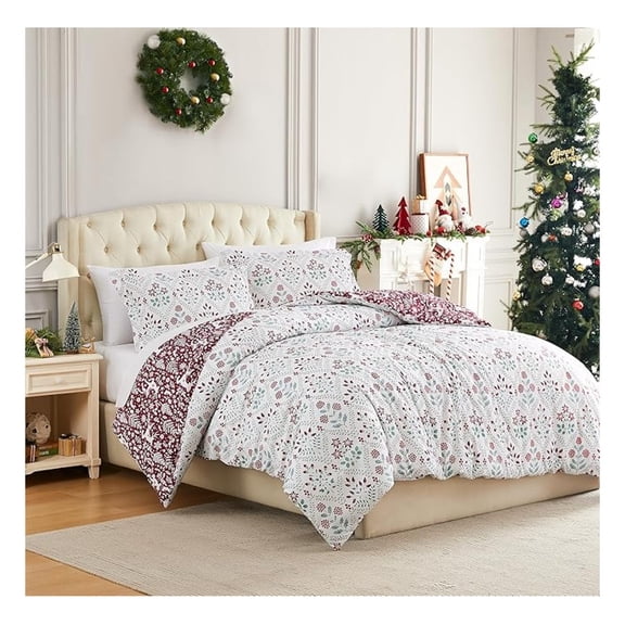 Christmas Comforter King/Cal King with 2 Pillow Shams, Reversible Red Holiday Bedspread w/2 Patterns, Christmas Bedding, Holly & Reindeer