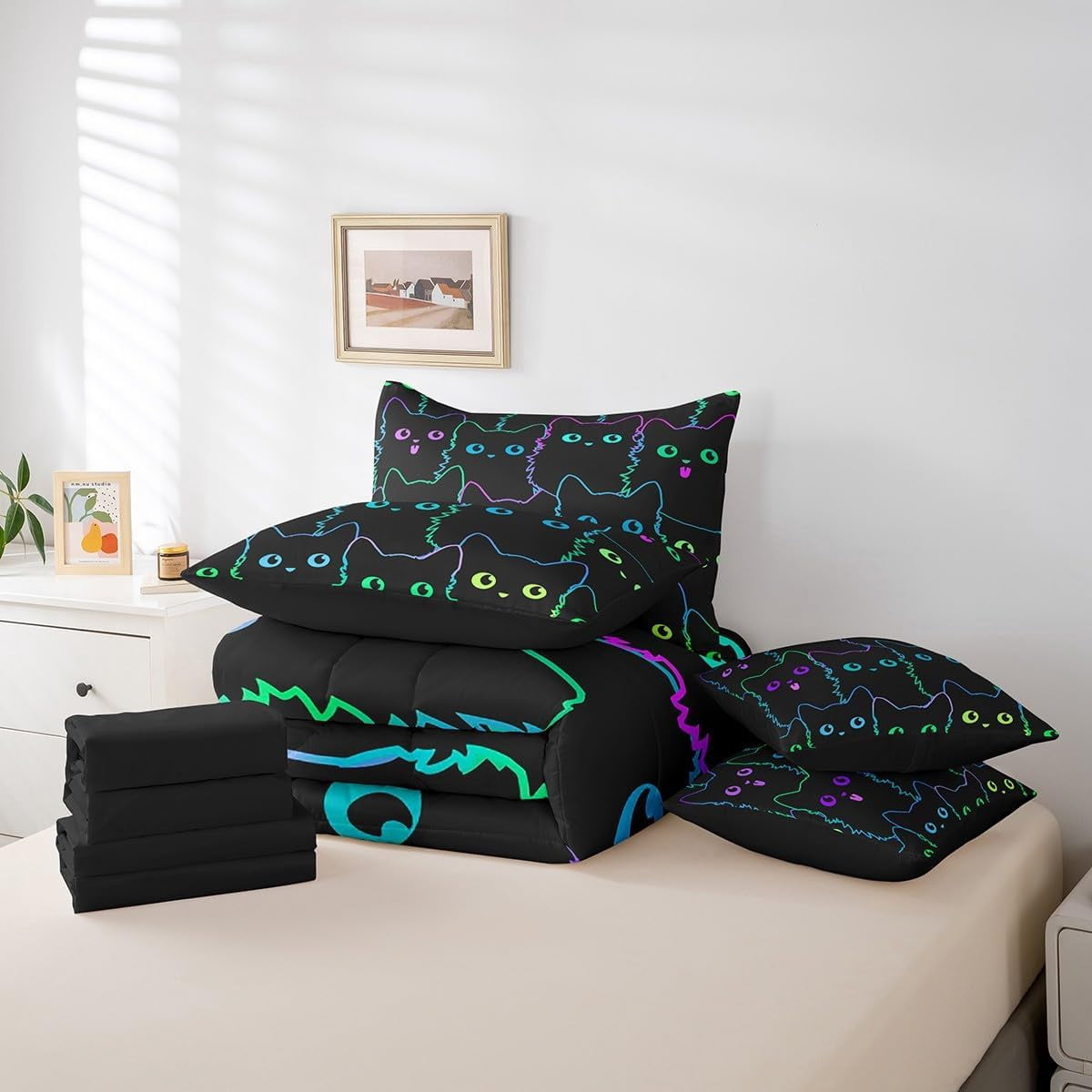 Manfei Cute Cat 7pcs Bedding Comforter Set,Cute Kitten Animal Colorful Queen Bedding Sets For Kawaii Cat Lover Reversible