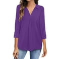 thumbnail image 2 of Basic T Shirts for Women Summer Temperament Chiffon Women's Loose V-neck Three-quarter Sleeve Solid Color Shirt Top, 2 of 7