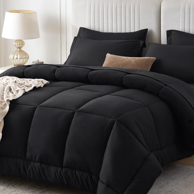 Juego de edredón Sasttie negro de 7 piezas para cama en una bolsa tamaño queen