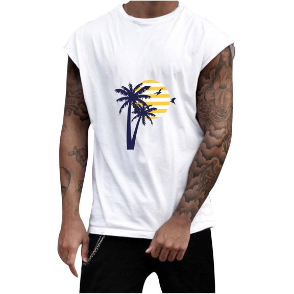 IROINNID Round Neckline Tank Tops For Men Sleeveless Sports Tank Tops Vest Pullover Graphic Print Tops