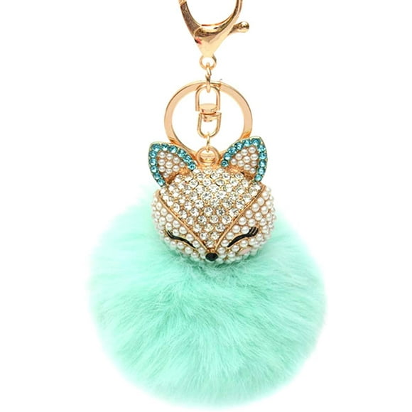 Fox Keyring Drill Rhinestone Pendant Pompom Decoration Hanging Keychain Crystal for Wallet(light Green)