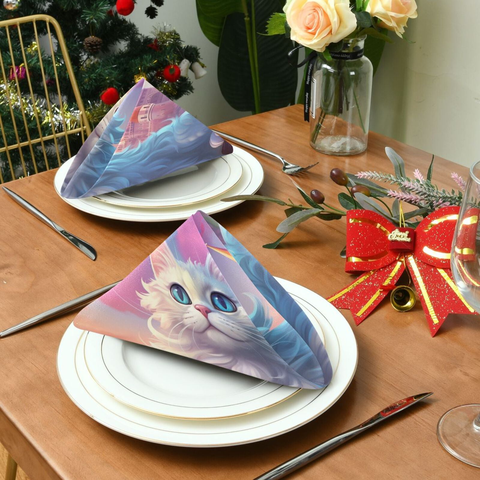 JSTEL Cat Kitten Cartoon Cloth Napkins Set of 6, 20x20 Inch Washable and Reusable Napkin for Decoupage Dinner Party Everyday Use