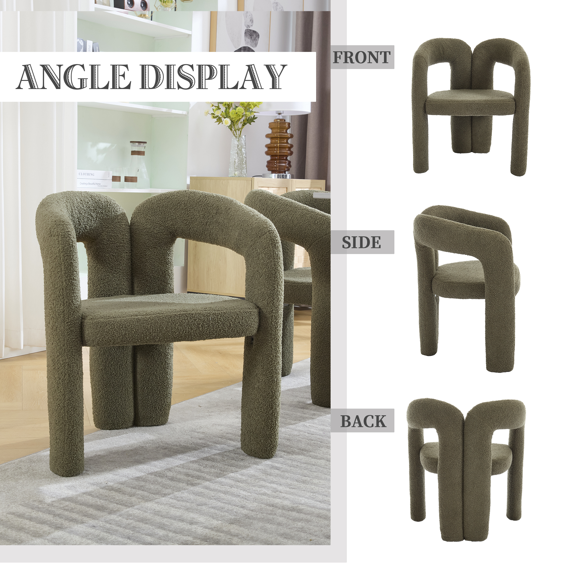 MOONMISS Teddy Fabric Upholstered Wood Frame Contemporary Designed Dining Side Chair（set of 2）-Olive Green