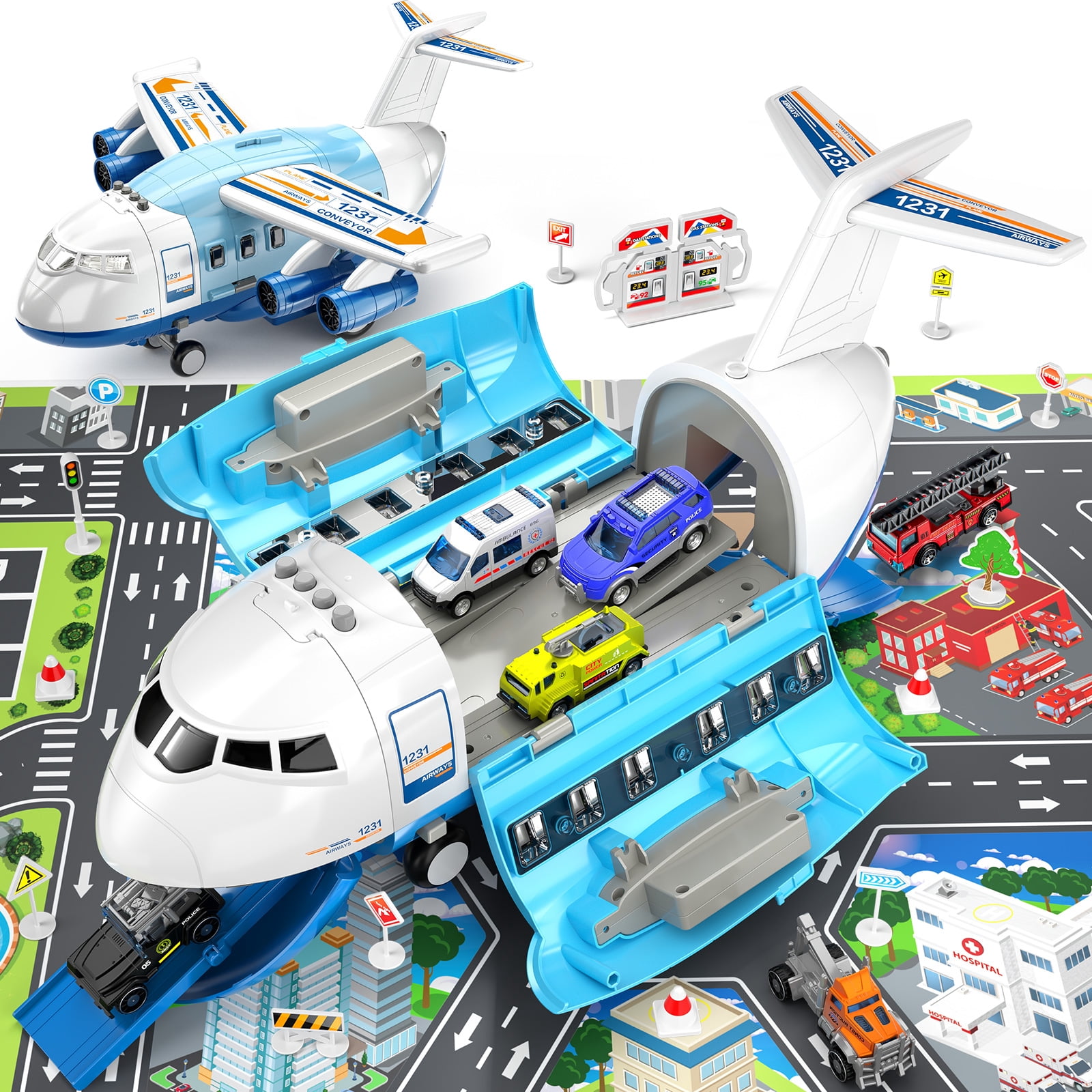 Lucky Doug Plane Toys for Toddlers Ages 1-6, Toddlers Airplane Playset with 10 Cars Toys, Light & Sound, Toys for 3-6 Years Old Boys Gifts