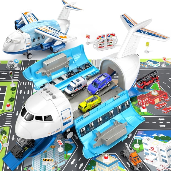 Lucky Doug Plane Toys for Toddlers Ages 1-6, Toddlers Airplane Playset with 10 Cars Toys, Light & Sound, Toys for 3-6 Years Old Boys Gifts