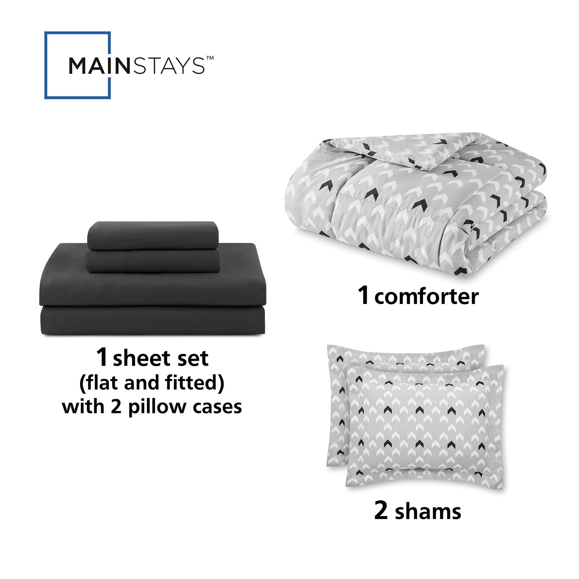 Mainstays All in One Reversible Comforter and Sheet set- 7 Piece, King, Light Grey Chevron