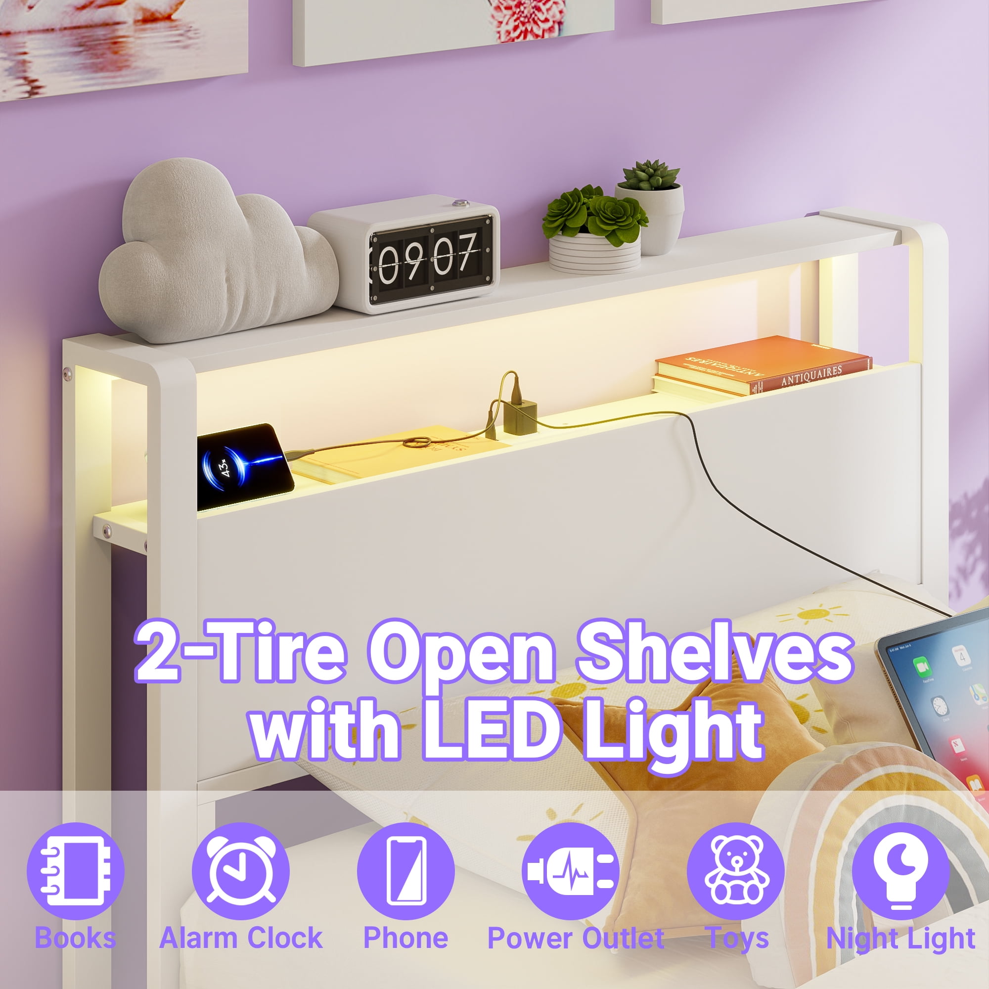 Yoneston Power Outlet LED Light Twin Metal Platform Bed Frame with 2-Tier Storage USB Port Charging Station Headboard for Kids Boys Girls, White