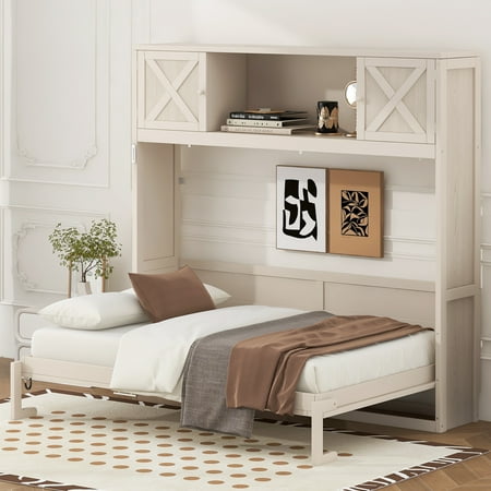 Harper & Bright Designs Full Murphy Bed Cabinet Bed, Full Size Murphy Bed with Storage Cabinets, Wood Full Wall Bed Chest Murphy Bed Frame, Beige