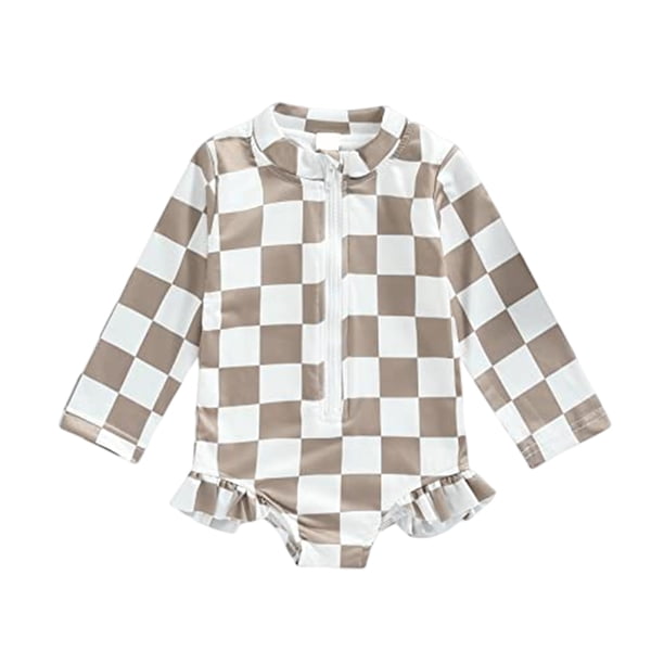 Traje De Baño Traje de baño para niñas bebés Traje de baño a cuadros con volantes para niños Protección solar (Café 12-18M) Cgtredaw Para estrenar