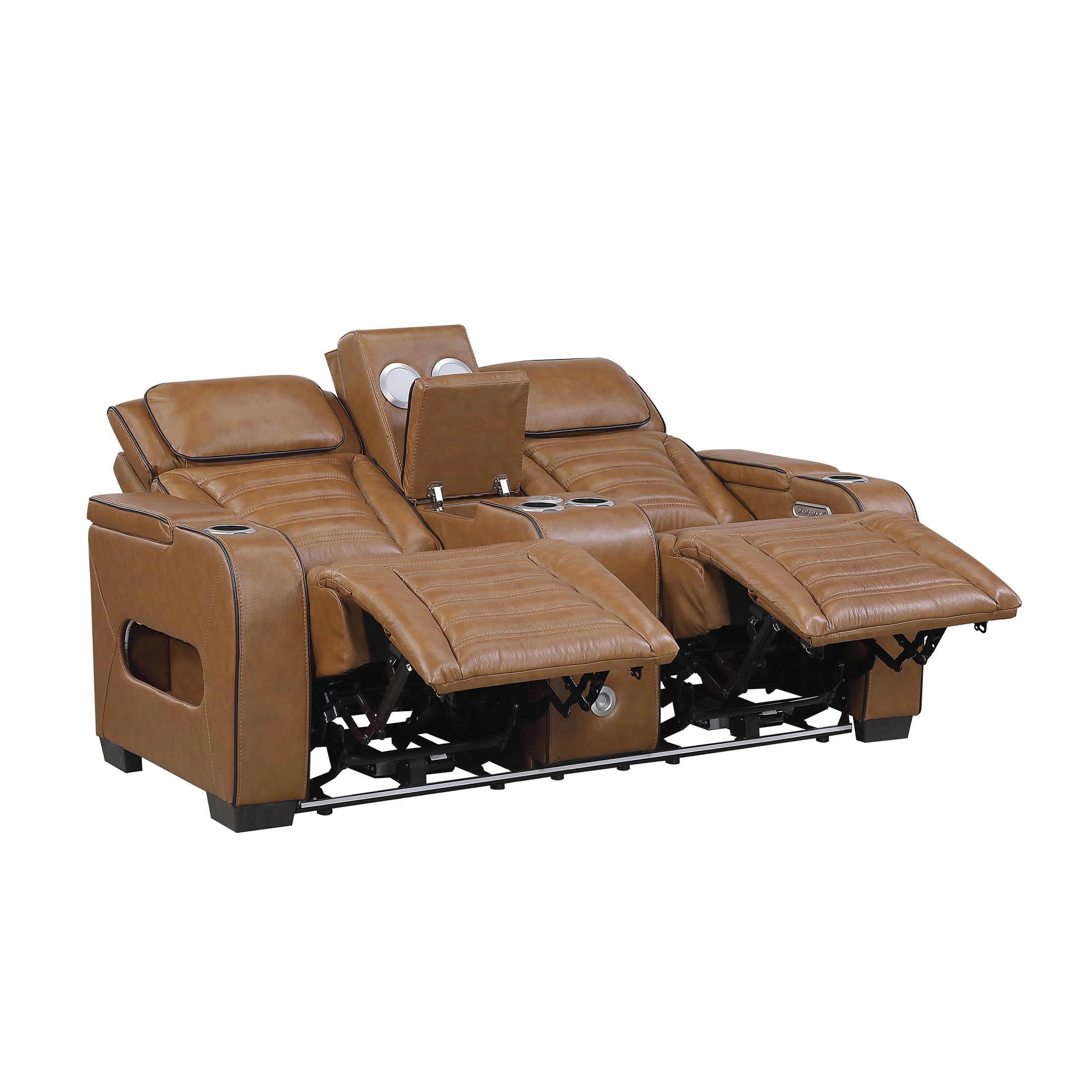 OakvillePark Elantra Leather Match Power Double Reclining Love Seat with Center Console/Power Headrests/Storage Arms/Cup Holders/Wireless speakers/Air Massage/Heat/LED Lighting/Charging Ports, Brown
