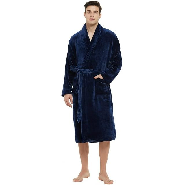 U2SKIIN Mens Fleece Robe, Soft Warm Long Plush Shawl Collar Fleece Bathrobe,(Navy,L-XL)