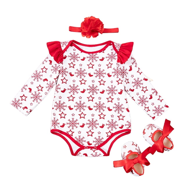 YOUSNH Robe de Noël Bébé Flocon de Neige Manches Courtes Manches Volantes Garçons et Filles Bébé Manches Longues Imprimé Triangle Combinaison d'Escalade Filles Bodysuits Rouge 9-12 Mois