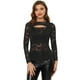 thumbnail image 1 of Blusa transparente transparente de manga larga con abertura frontal de encaje floral para mujer Negro XS, 1 of 4