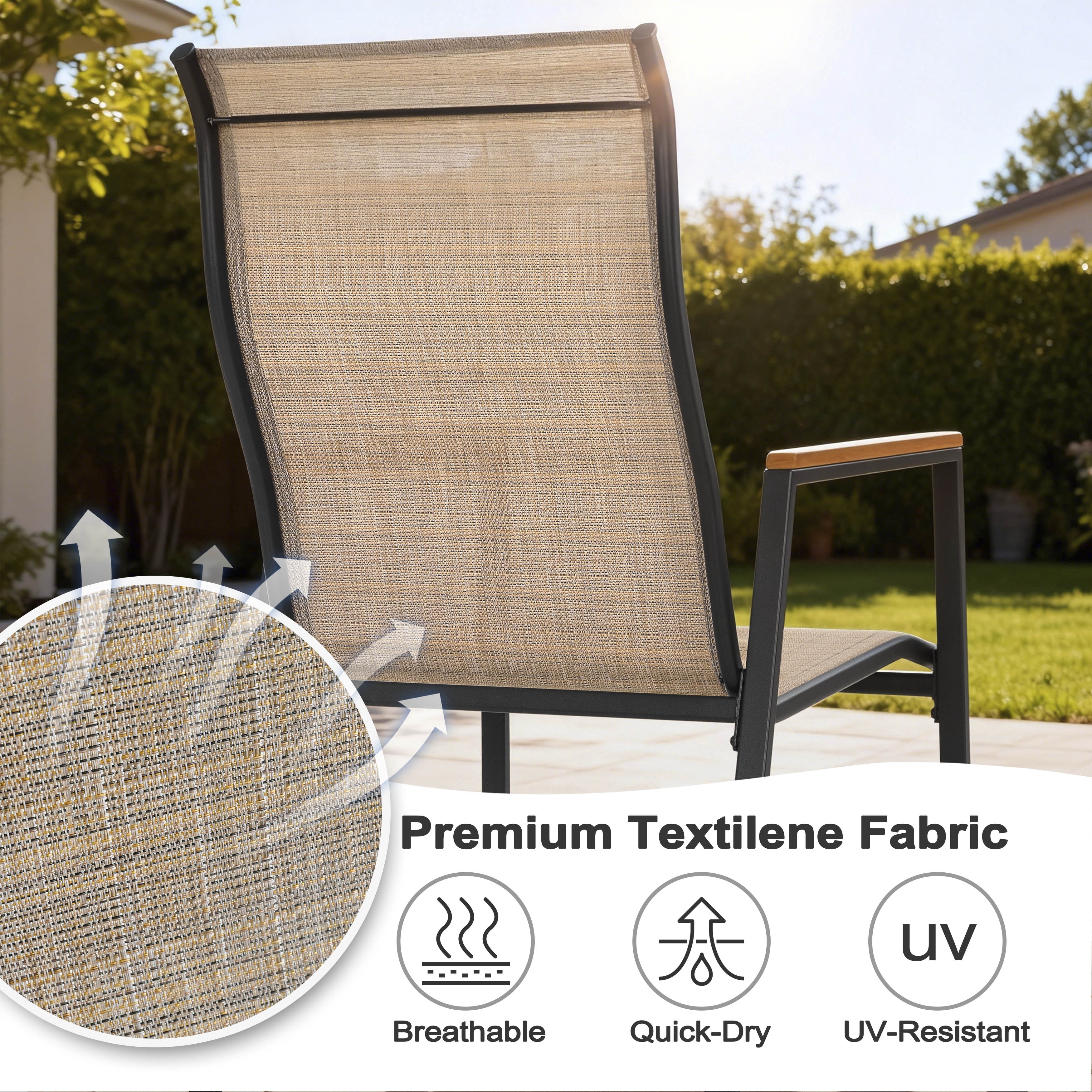 Nuu Garden Outdoor Patio Dining Chairs Set of 4, Stackable Outdoor Dining Chairs with High Back, Wide Seat and Faux Wood Armrests, Breathable Textilene, Powder-Coated Frame for Outside, Khaki
