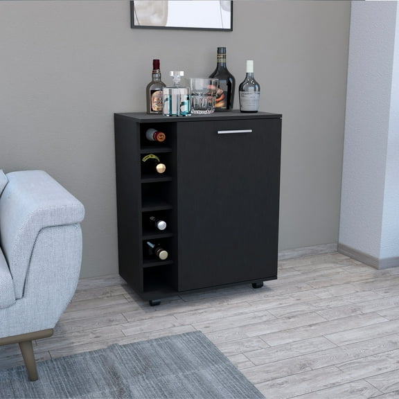 Coffee Cart Bar With 6 Bottle , 4 Wheels, Black, Spacious Storage For Living Room 4-wheeled Cart, Ample Cabinet Kitchen
