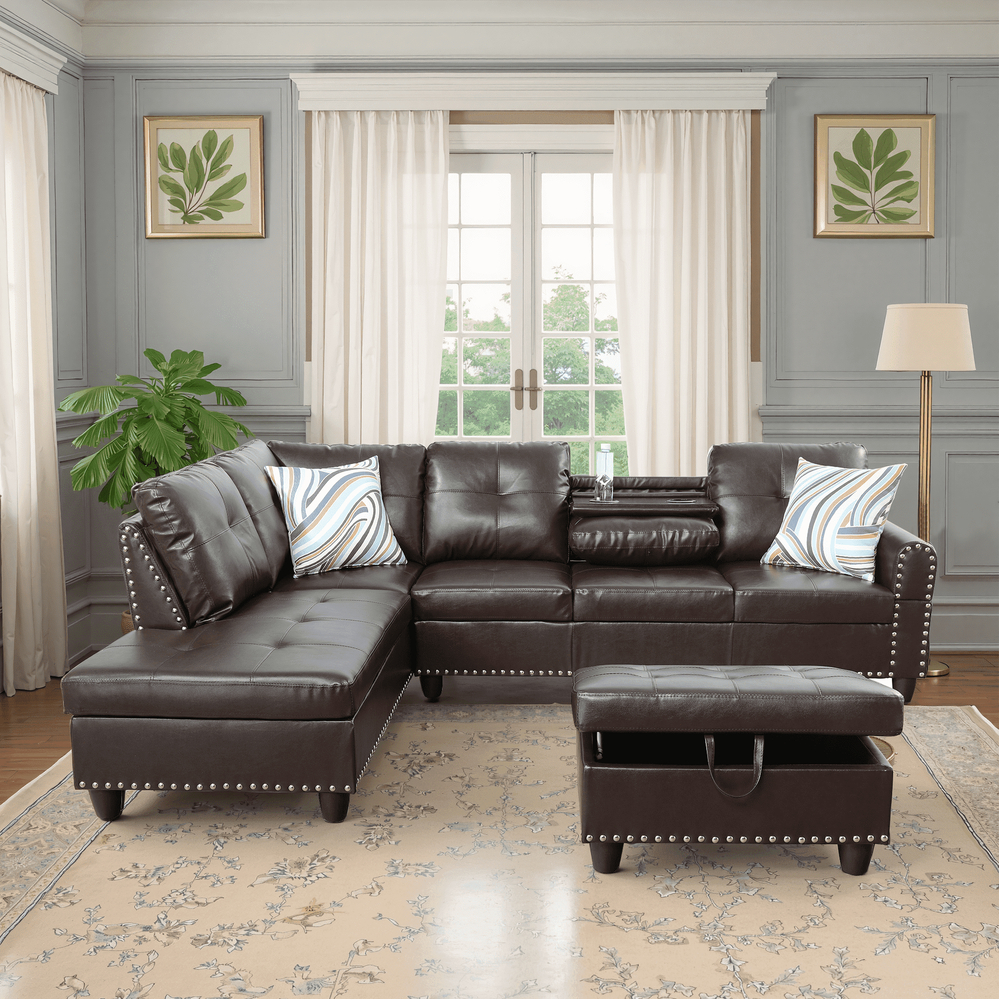 MAYEERTY 97.5" Brown Faux Leather L-Shape Sectional - Durable Modern Seating