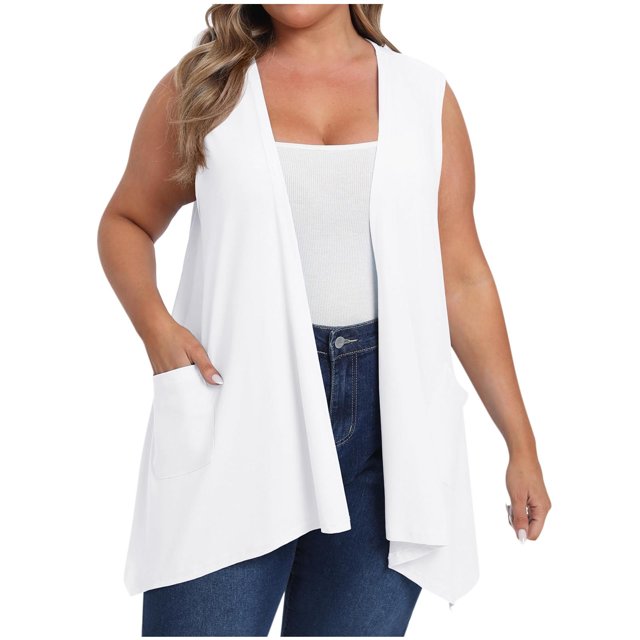 Lenpel Cardigans pour Femmes Grande Taille Légers Sans Manches à devant Ouvert Cardigans Décontractés Gilets d'Été Mode avec Poches