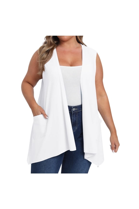 Women's Plus Size Sleeveless Open Front Draped Cardigan Vest Lightweight Cover Ups Coat with Pockets