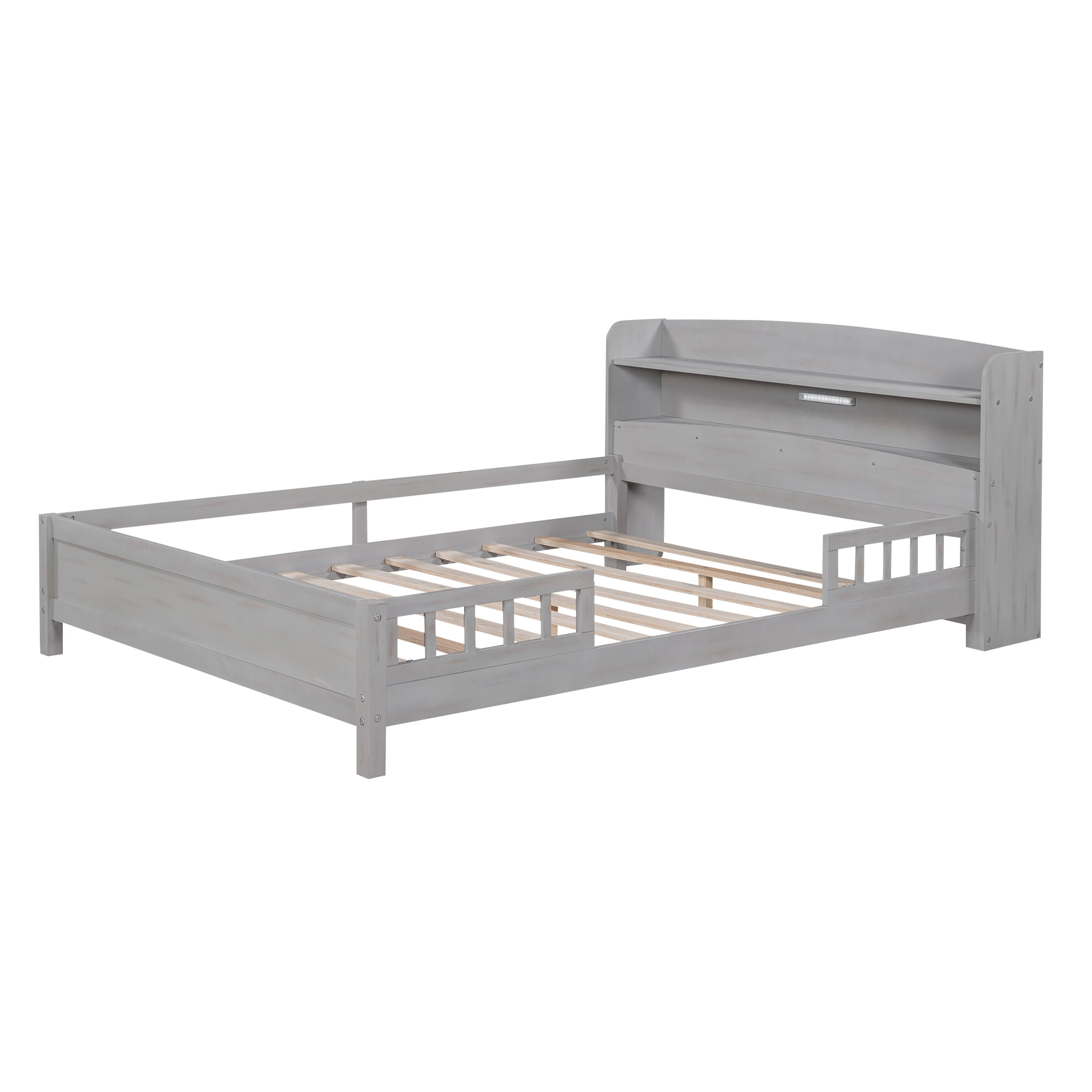 Sailvan Full Wood Platform Bed Frame with LED Light and Storage Headboard Antique Gray