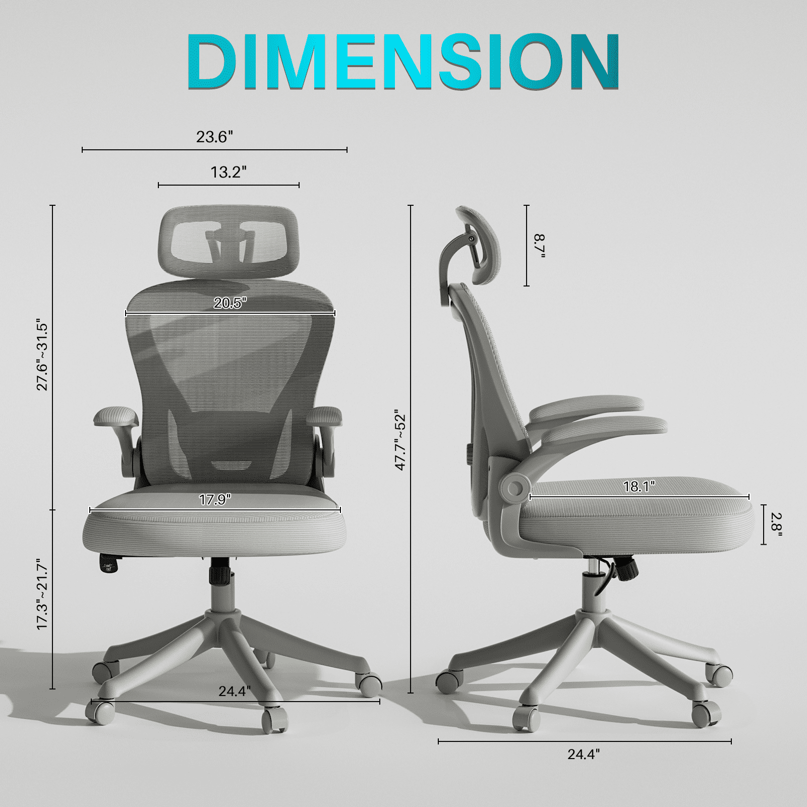 Ninecer Ergonomic Office Chair, Computer Desk Chair with Wheels, High Back Mesh Office Chair with Adjustable Lumbar Support, Headrest, Flip-Up Armrests, Gray