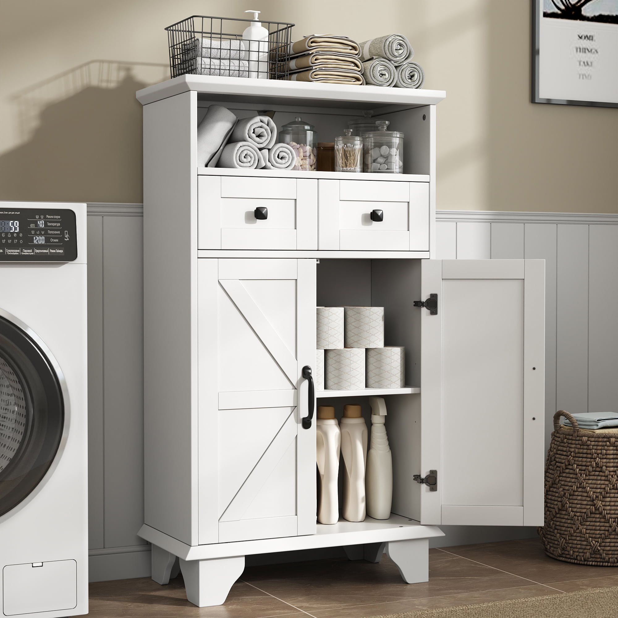 Farmhouse Bathroom Storage Cabinet, Freestanding Bathroom Floor Cabinet with Doors and Drawers, 41.3" H Bathroom Organizer with Adjustable Shelf, White