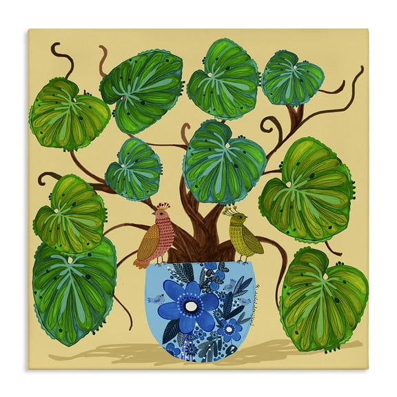 Stupell Industries Potted Plant & Birds Perched Animals Painting Wrapped Canvas Canvas Art Print Wall Art, 17 x 17