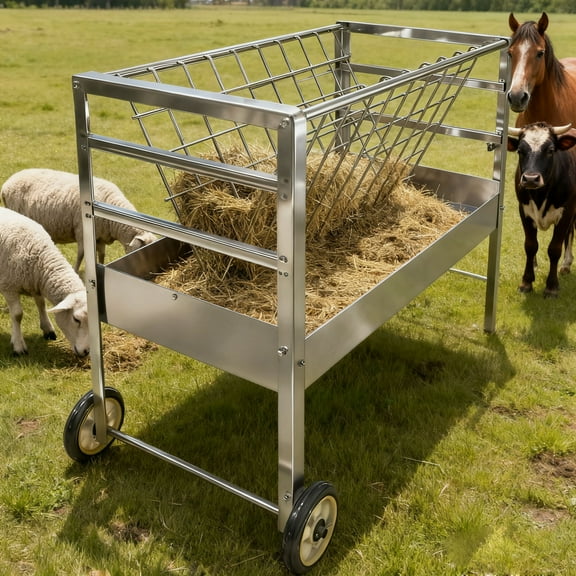 Hay Feeder with Wheels, 2-in-1 Goat Feeder Cart, Heavy Duty Livestock Feeder for Ponies, Sheep, Convenient to Transport