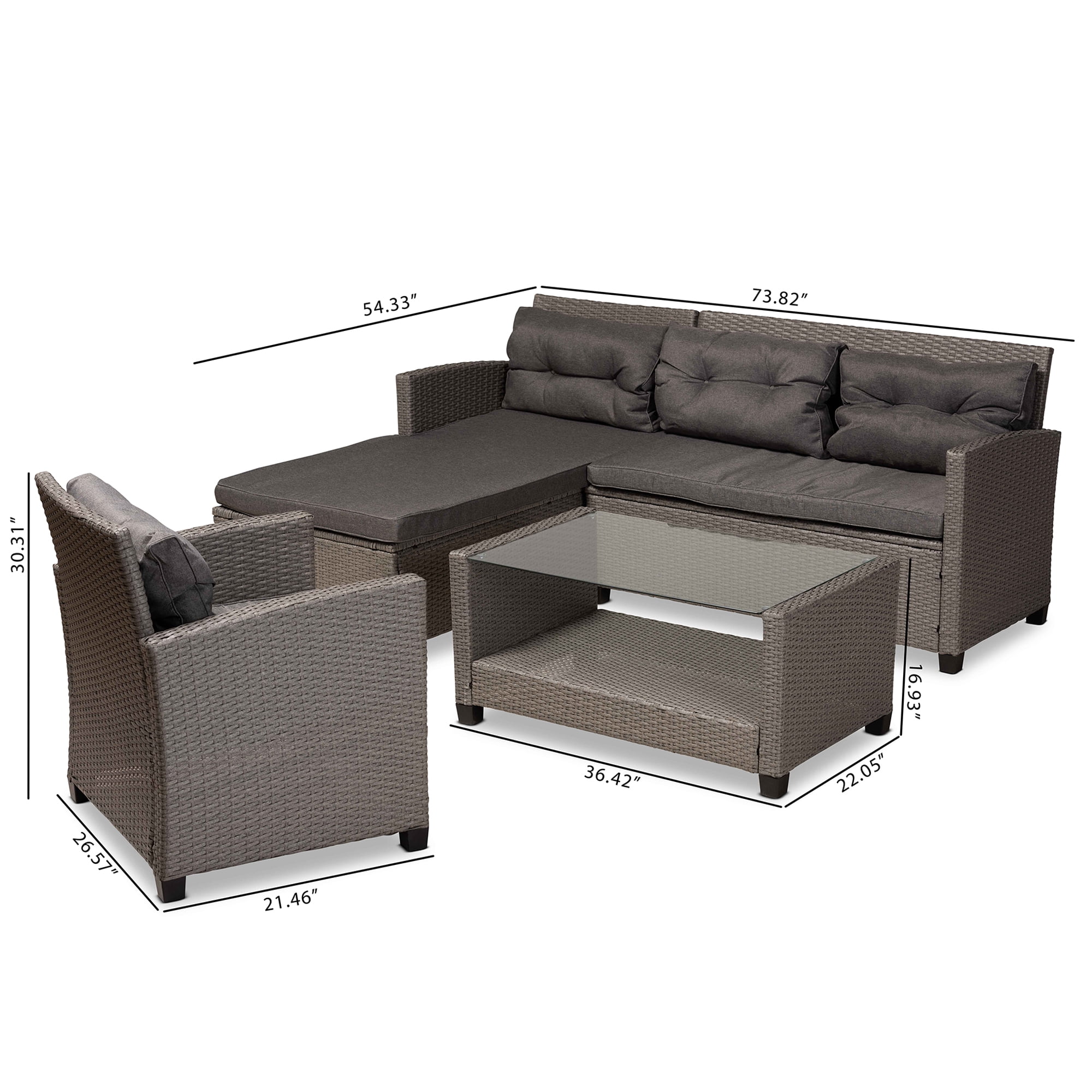 Baxton Studio Darian Modern and Contemporary Grey Fabric Upholstered and Grey Synthetic Rattan 4-Piece Patio Set