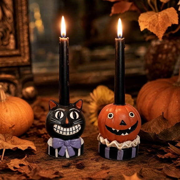 TTJ Candle Stick Holders Halloween Cats and Pumpkin Candle Holders Resin Taper Candle Holders Vintage Gothic Tabletop Decor for Halloween Party Mantel Dining Table Home Decor