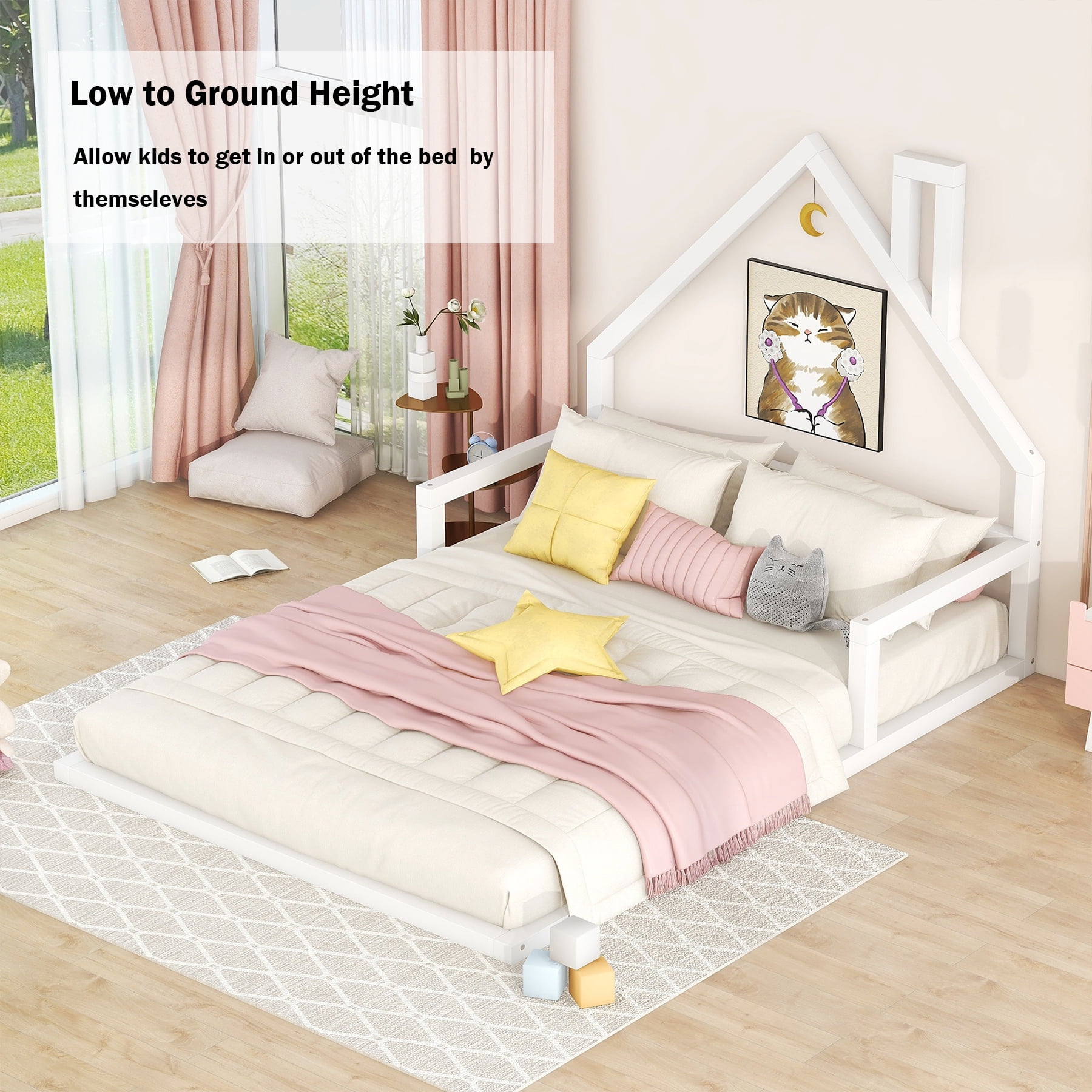 Bellemave Full Size Wood Floor Bed with House-shaped Headboard Montessori Floor Bed with Rails and Wooden Slats No Box Spring Needed, White