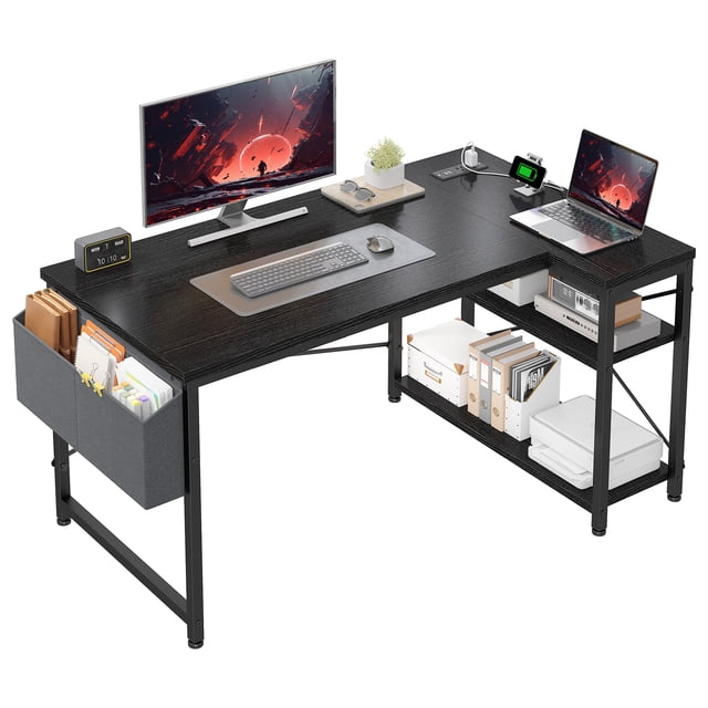 Exenoray L-Shaped Computer Desk with Power Outlet, 48" Reversible Corner Desk with Storage Shelf & Fabric Organizer, Space-Saving Home Office Workstation, Black