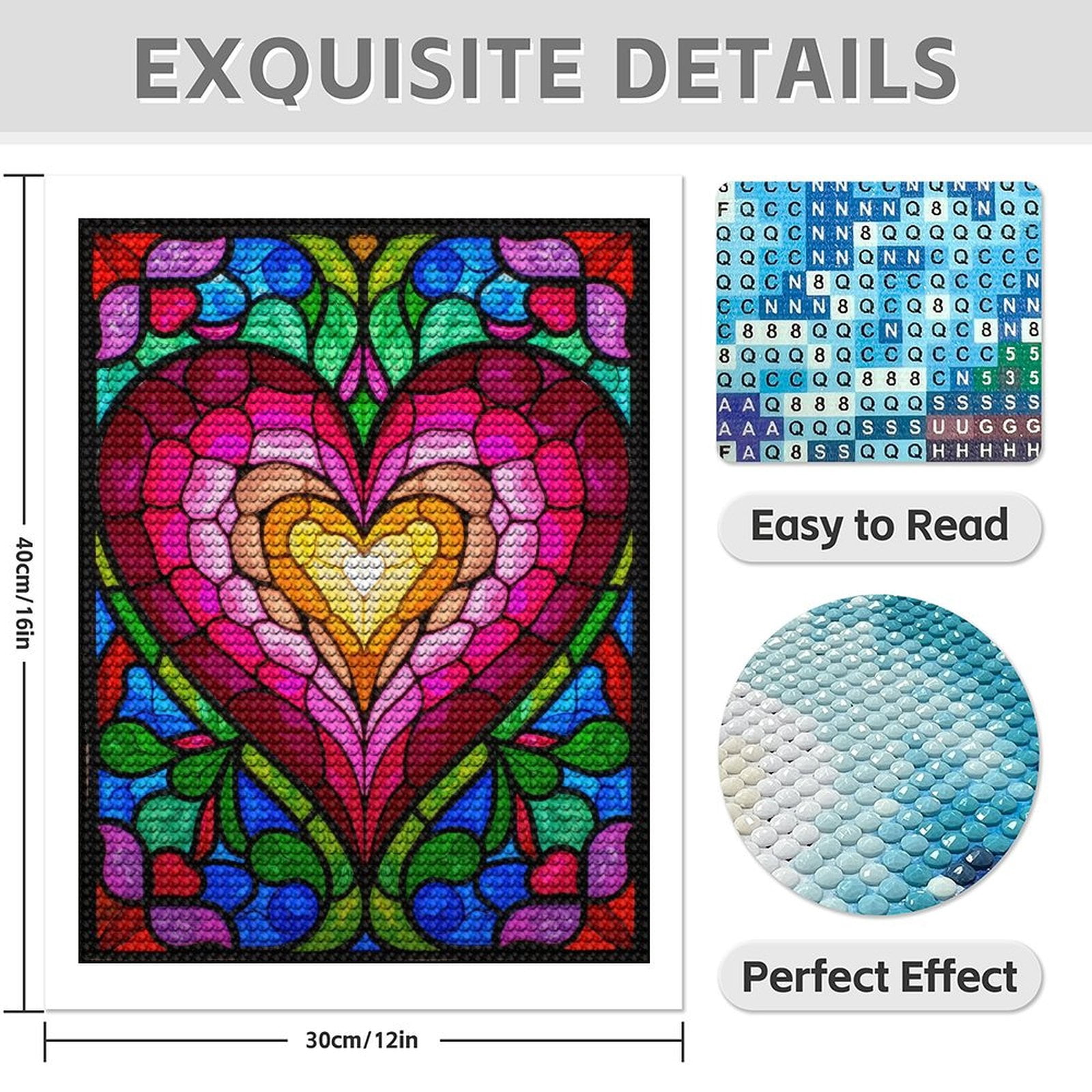 Diamond Art Kit for Adults, Colorful Heart Stained Glass Art Diamond Painting for Adults Beginners, DIY Diamond Art Painting Kits, 5D Diamond Painting Crafts for Home Decor 12x16 Frameless