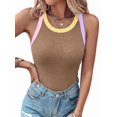 thumbnail image 2 of Women's Round Neck Color Block Bra Lined Tank Top Khaki S, 2 of 8