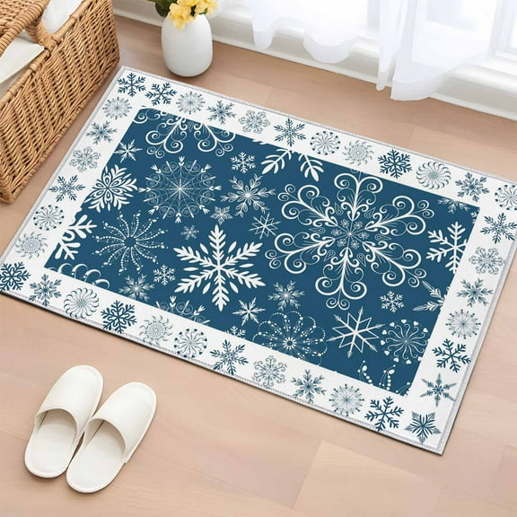 Winter Snowflakes Bathroom Rug Washable 2x3 Entryway Rug Non Slip Christmas Navy Blue Xmas Vintage Holiday Front Door Mat Low Pile Indoor Doormat Throw Floor Carpet for Kitchen Bedroom Entrance
