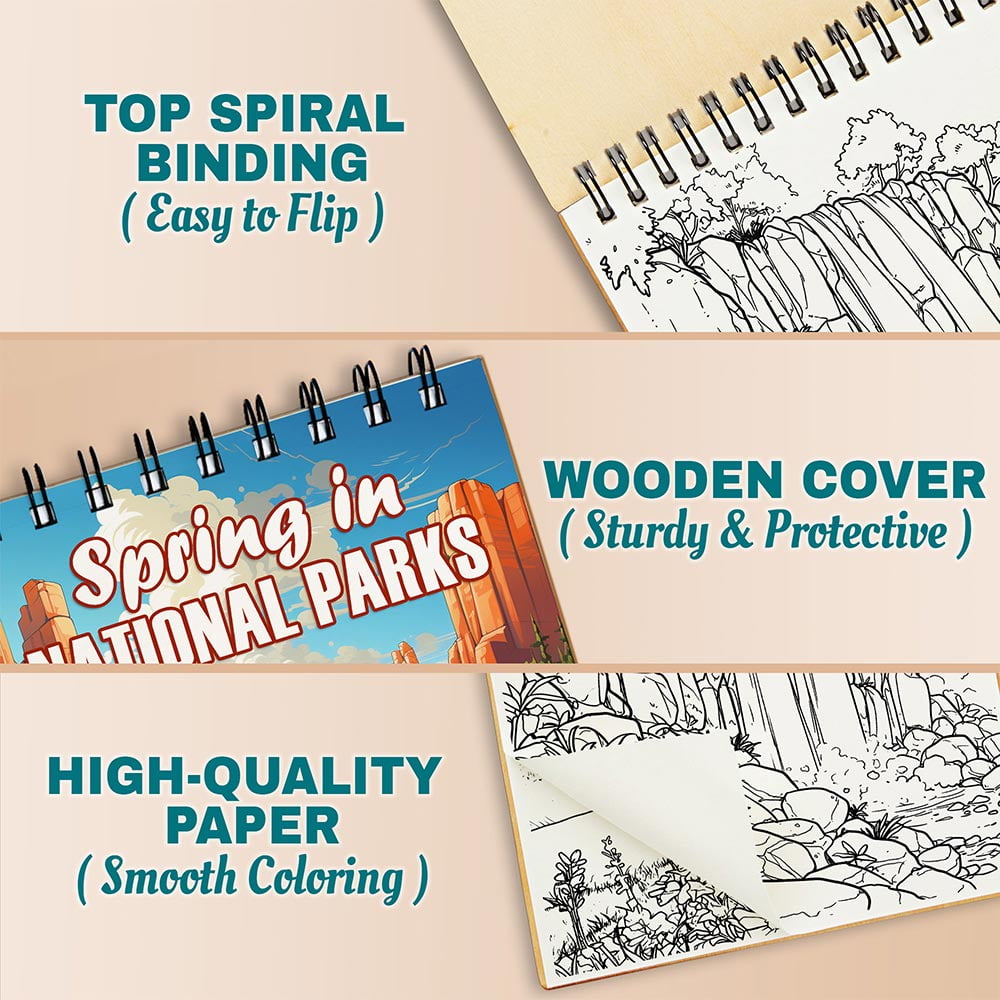Netecom Spring in National Parks Coloring Book Spiral Bound for Adults, A5 Wooden Cover, 30 Coloring Pages of Scenic Landscapes, Blooming Flowers, Mountains for Stress Relief and Relaxation