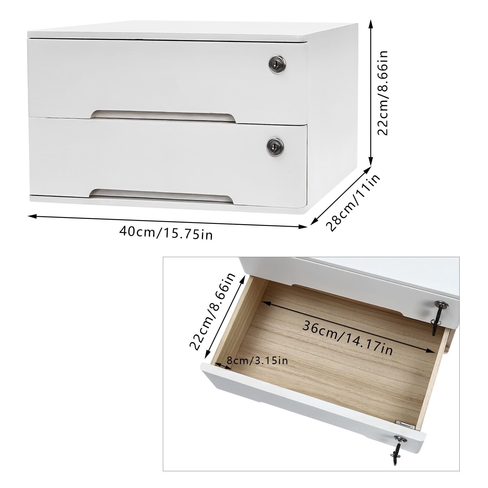 White Wooden Desktop Storage Box with Lockable Drawers, Office Supplies File Organizer, Flat File Cabinet