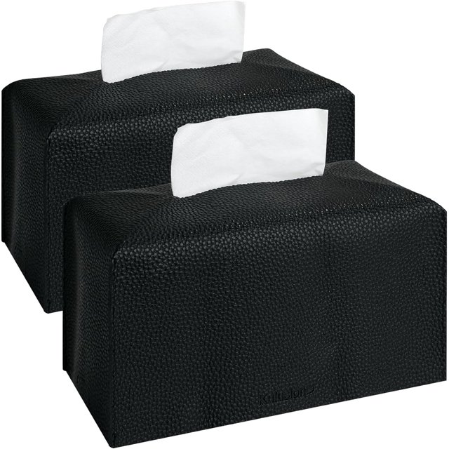 HAHDAXIA 2Pcs Tissue Box Cover Holder, Rectangular with Bottom Belt - PU Leather Tissue Cover Decorative Organizer for Tabletop, Bathroom, Car, Office,9.5X5X5 Inch - Black