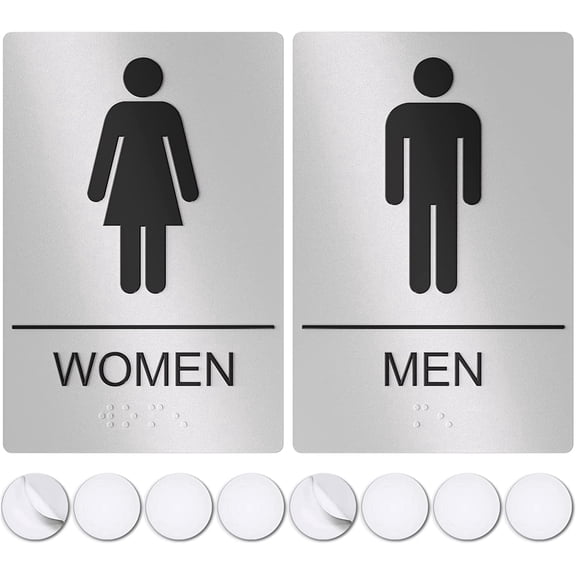 Assured Signs Restroom Sign for Wall | Bathroom Signs | 9 by 6" | Silver Acrylic | ADA Compliant with Braille | Includes Adhesives | Ideal for Office or Home