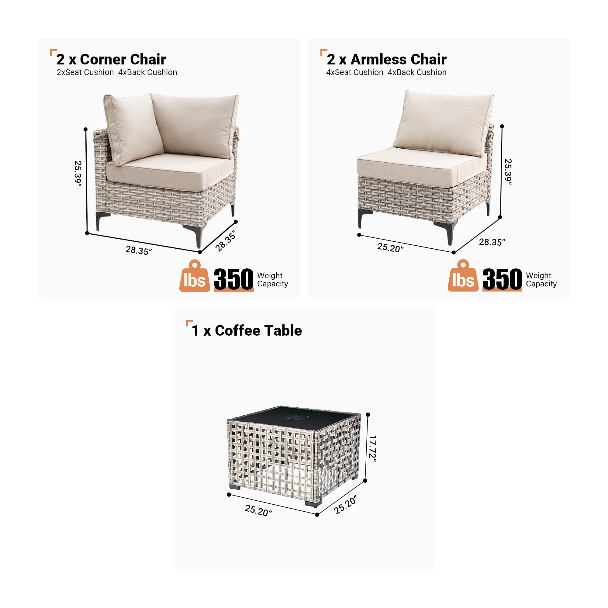 Ovios 5 Pieces Outdoor Patio Furniture Wicker Conversation Sectional with High-Back & Solar Lamps Coffee Table for Backyard