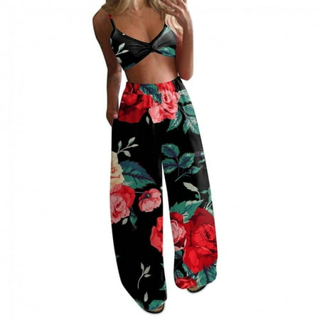 

Homenesgenics Womens Suit Plus Size Pajamas for Women Women Summer Bohemian Floral Print pretty Crop Tops+Pants Wide Leg 2 Piece Set