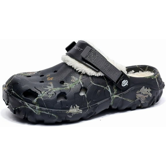 Men's Faux Fur Lined Clogs Winter Fuzzy Slippers Wide Width Slip on Mules with Cushion Footbed Warm House Shoes with Adjustable Back Strap Removable Soft Fleece Lining - River Edge