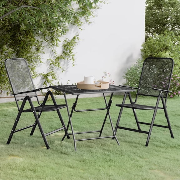 Zofi 3pc Outdoor Dining Chair and Table Set, Foldable Mesh Gray Metal