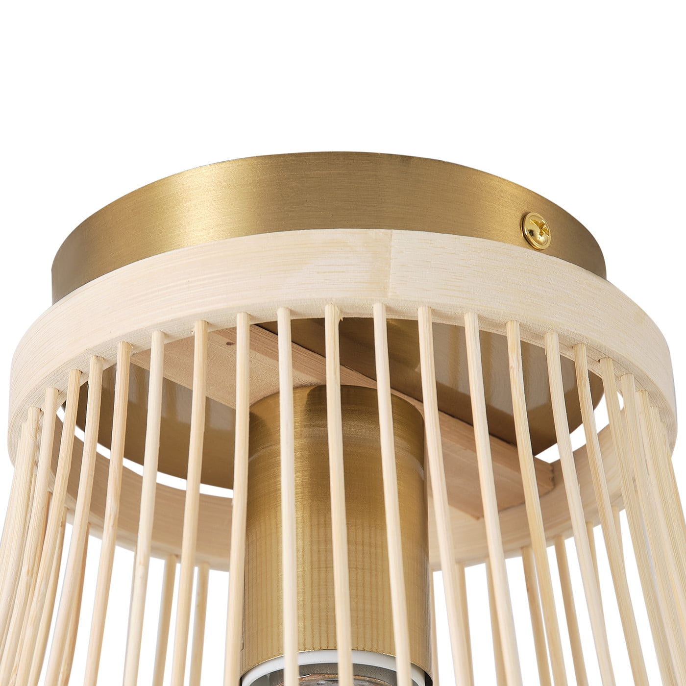 Modern Gold Caged Semi Flush Mount Ceiling Light, Vintage Boho Farmhouse Natural Bamboo Ceiling Light Fixture for Hallway Bedroom Kitchen Foyer