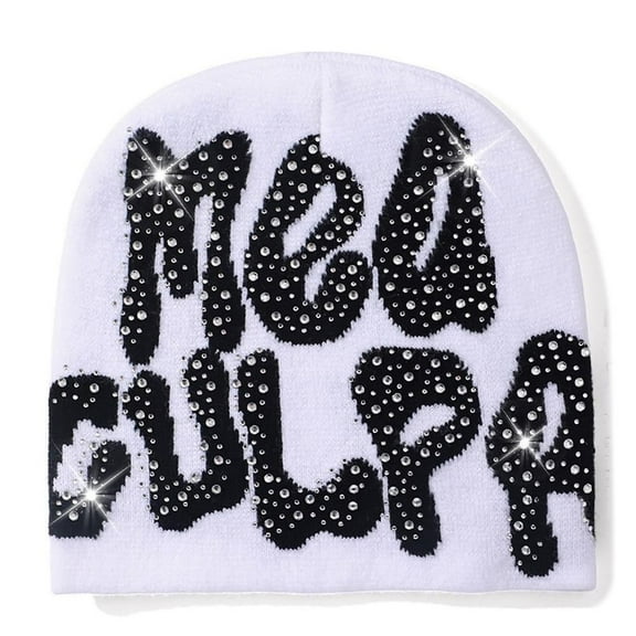 Fashion Knitted Soft Warm Slouchy Cap MEA Culpa Beanies Hat with Rhinestone Hip-hop Hat y2k Beanies Hats WHITE-BLACK