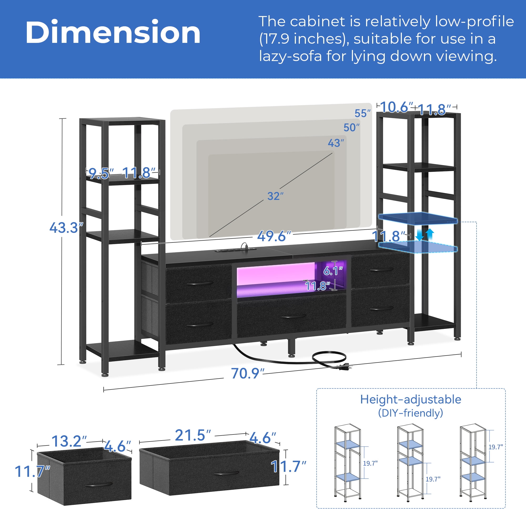 Casacomoda TV Stand up for 40–50 Inch TV, Low-Profile Entertainment Center for Small Spaces with LED Lights & Power Outlets, Storage TV Stand with Drawers & Shelves, Black