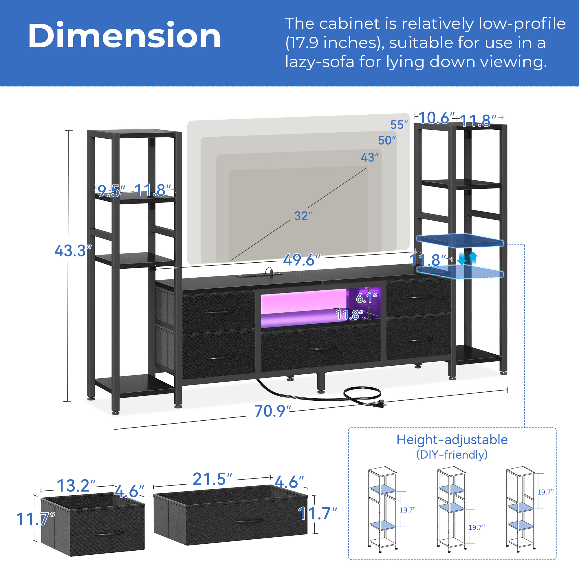Casacomoda 71" TV Stand with LED Lights & Power Outlets, Black photo 3